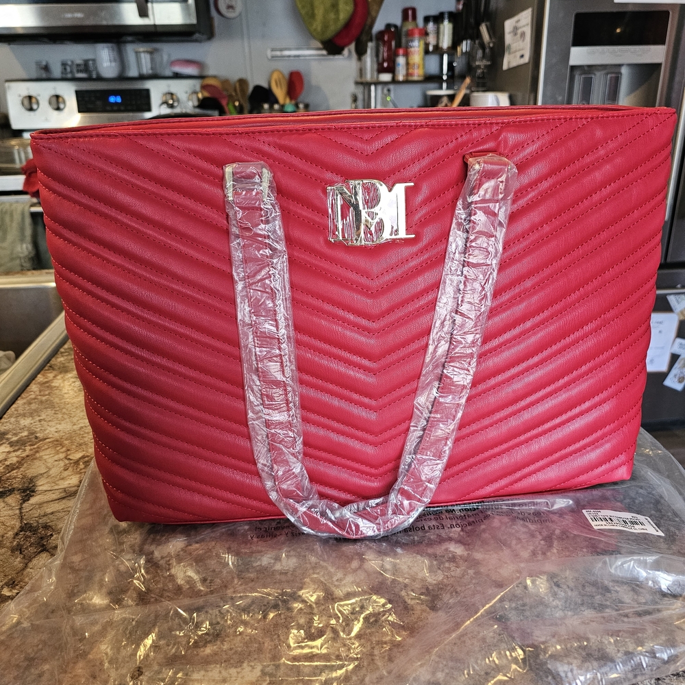 Badgley Mischka Quilted Chevron Tote in Red with Silver Hardware